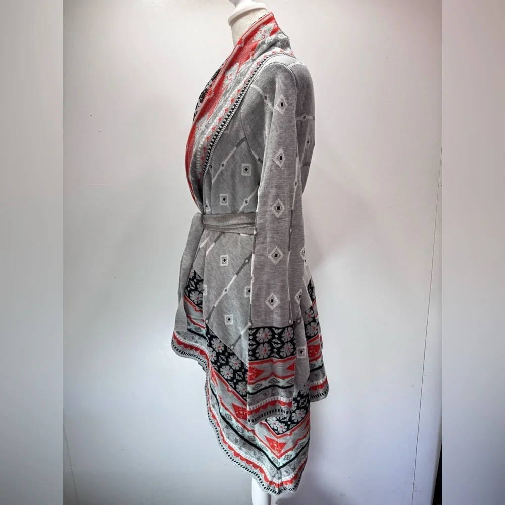 Freeway Southwestern Aztec Print Gray Belted Wrap Asymmetric Hem Draped Front